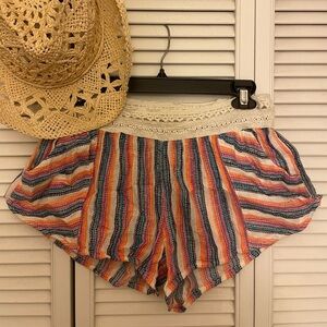 Adorable RIP CURL Beach Boho Stripe Shorts With Crochet Lace Elastic Waistband!